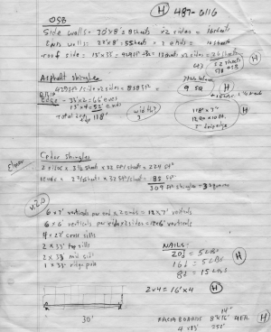 Materials list for New Barn frame.